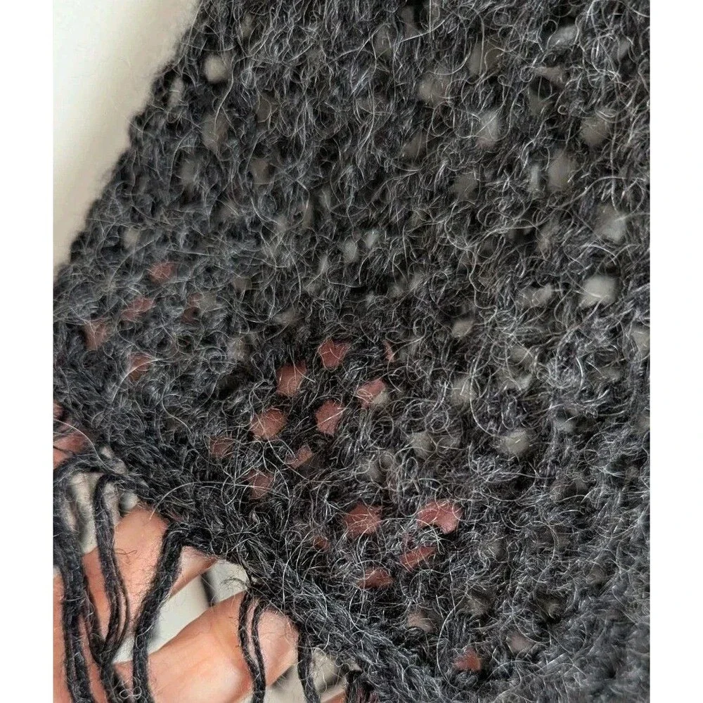 Y2K Cobweb Crochet Poncho Wool Mohair Blend Boho Retro Hippy Fuzzy Soft Gray S M